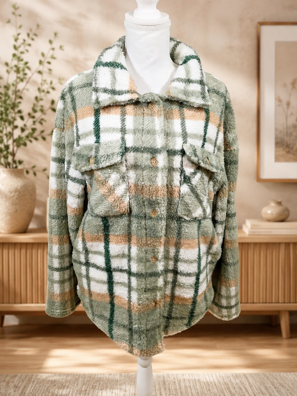 Canada Weather Gear Women's Plaid Teddy Shacket - Sage & Cream - Picture 3 of 7